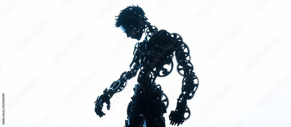 Mechanical humanoid slumps, studio backdrop, futuristic design, graphic design Mechanical humanoid slumps, studio backdrop, futuristic design, graphic design