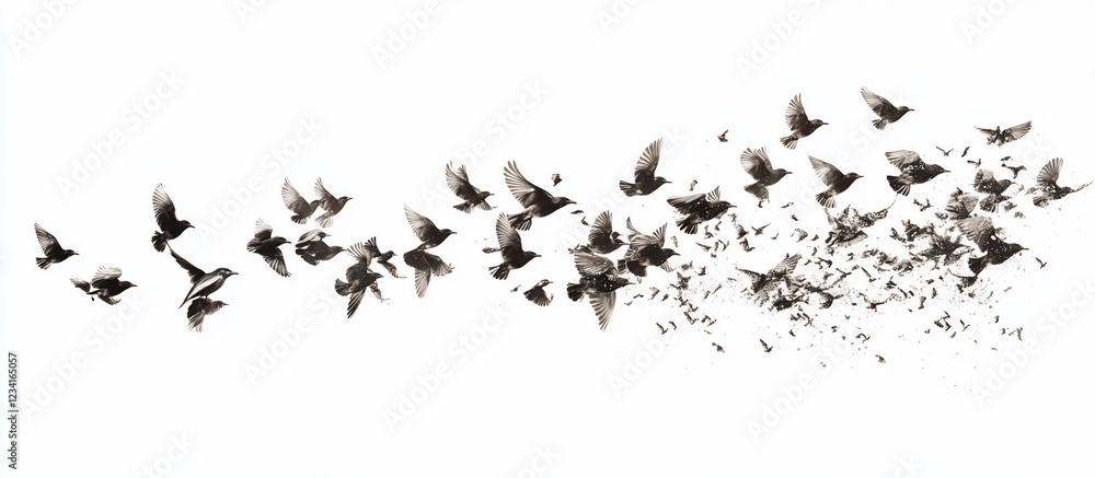 Obraz premium Birds flocking, dispersing, white background, design element