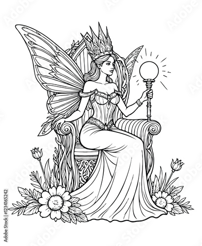 A coloring page Fairy Queen on Flower Throne with Glowing Scepter