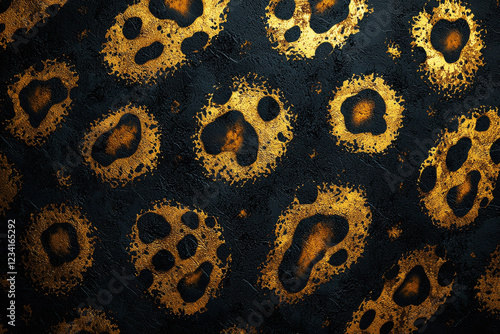 Luxurious leopard print pattern with metallic gold spots on matte black background in high-resolution detail photo