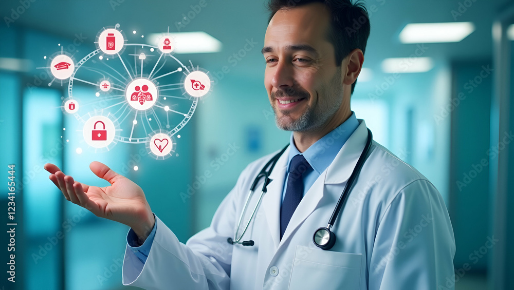 healthcare professional uses advanced technology to monitor patient health through a digital interface with medical symbols. healthcare professional uses advanced technology to monitor patient health through a digital interface with medical symbols.