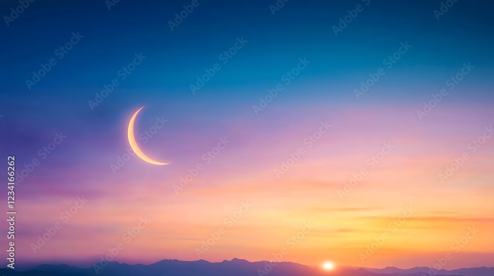Fototapeta premium Crescent Moon Over City Sunset