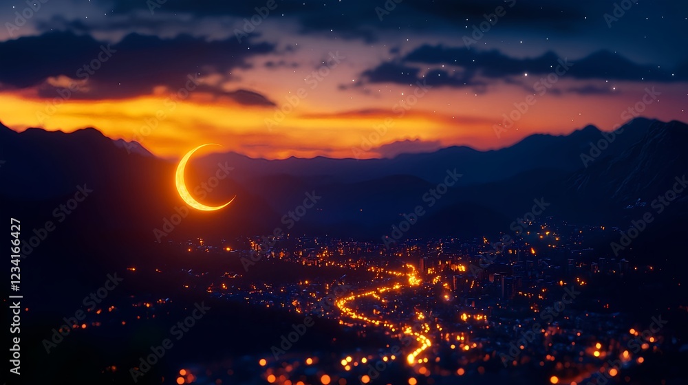 Fototapeta premium Crescent Moon Over Night Cityscape