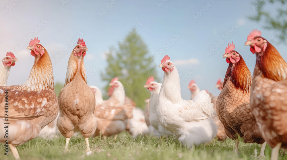 Fototapeta premium A flock of chickens roams freely in a sunny pasture, highlighting farm life and the charm of rural living