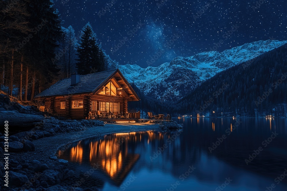 Fototapeta premium Lake Cabin at Night