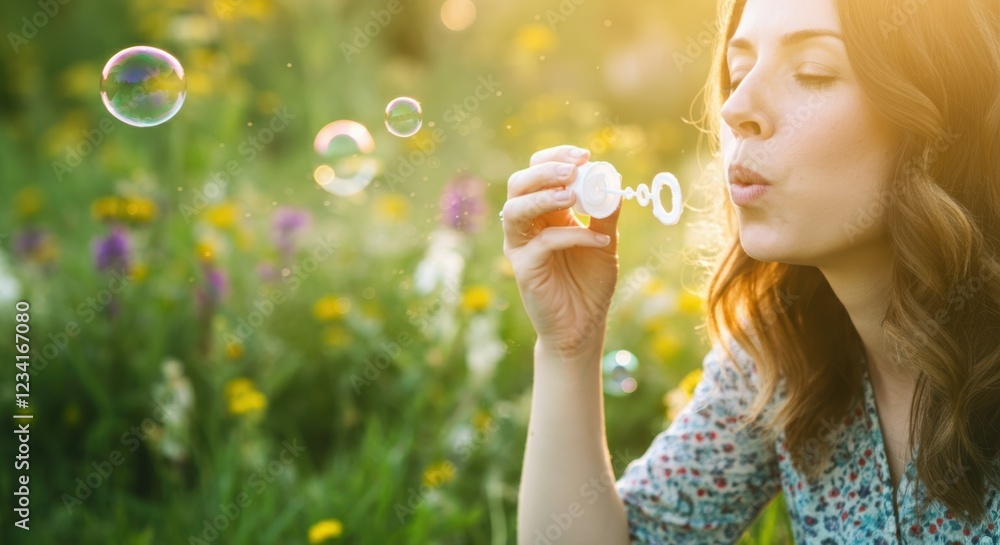 Young caucasian female blowing bubbles in sunlit garden surrounded by flowers Young caucasian female blowing bubbles in sunlit garden surrounded by flowers