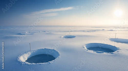 Arctic winter ice fishing holes sunrise landscape photo