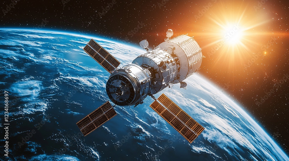 Naklejka premium Spacecraft orbiting Earth with sun shining brightly