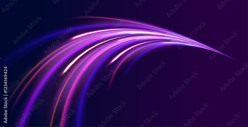 Fototapeta premium Horizontal speed lines connection vector background. Futuristic dynamic motion technology blue glowing lines air flow effect. Racing cars dynamic flash effects city road with long exposure. 