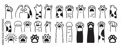 Paw doodle. cute cats paws hand drawn icon set. Outline drawing paws pet line clipart symbol collection