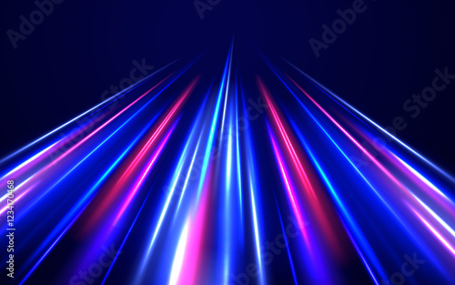 Acceleration speed motion on night road. Magic moving fast speed police lines. Blurred car light motion effect, city road background with long exposure night lights.	