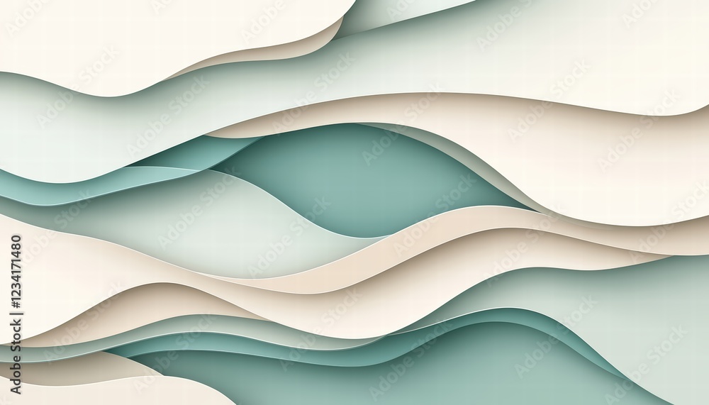 Abstract layered paper-cut design in soothing earth tones like snow, cream, and teal, creating depth and tranquility, shadows blending seamlessly for a 3D effect Abstract layered paper-cut design in soothing earth tones like snow, cream, and teal, creating depth and tranquility, shadows blending seamlessly for a 3D effect