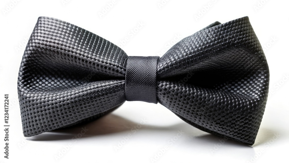 A sharply detailed black bow tie, isolated on white, showcases its elegant texture and deep depth of field in studio photography. A sharply detailed black bow tie, isolated on white, showcases its elegant texture and deep depth of field in studio photography.