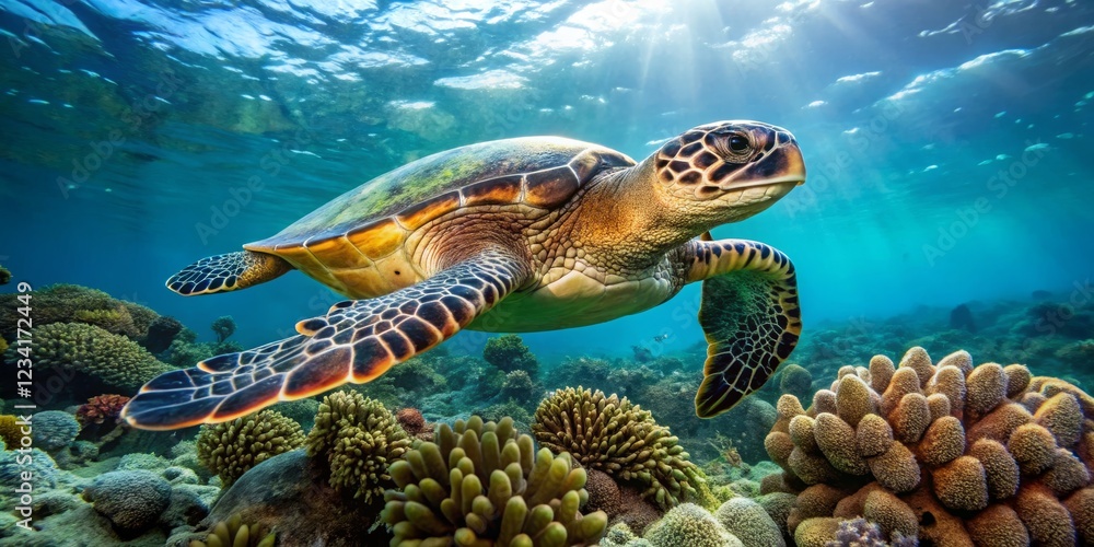 Fototapeta premium Majestic Sea Turtle Swimming Among Vibrant Coral Reef Underwater