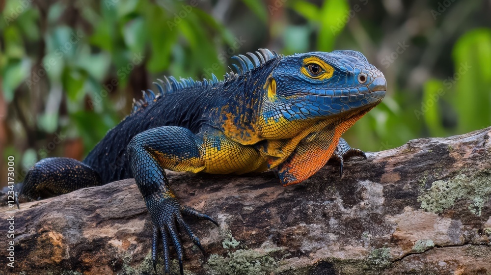 Fototapeta premium Close-up of an Iguana with Vibrant Orange Throat