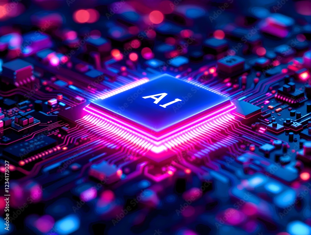 Glowing blue AI chip on a circuit board representing Chat GPT and Deepseek AI. Symbolizing the intersection of Internet, Networking, Modern Technology and Artificial Intelligence in business. Glowing blue AI chip on a circuit board representing Chat GPT and Deepseek AI. Symbolizing the intersection of Internet, Networking, Modern Technology and Artificial Intelligence in business.