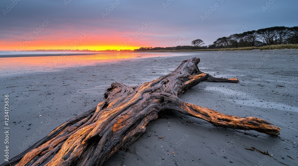 Beautiful Sunset Over Driftwood on Serene Beach Beautiful Sunset Over Driftwood on Serene Beach