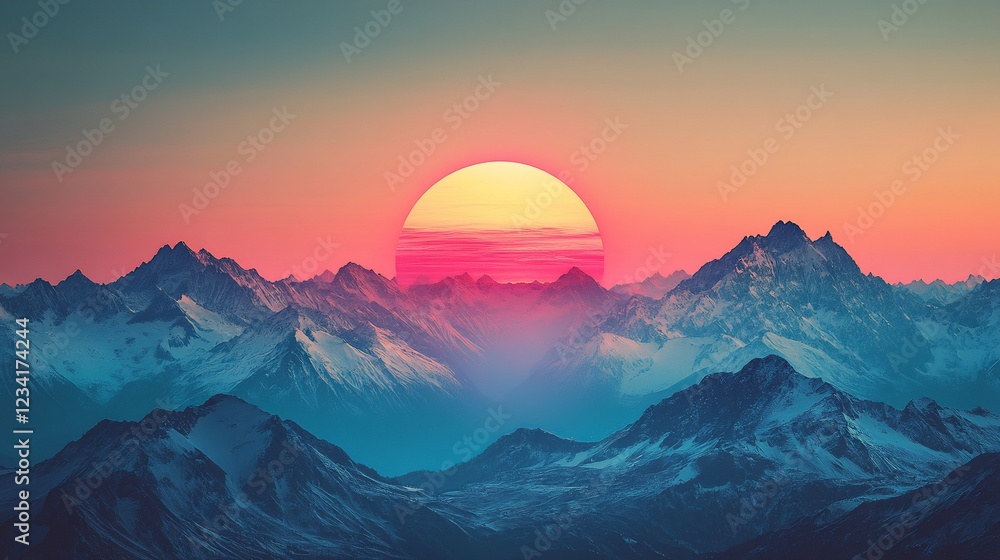 Obraz premium Pink sunset over snowy mountain range, vibrant sky, scenic wallpaper