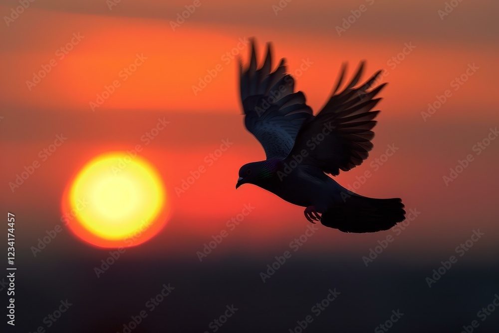 Fototapeta premium Bird soaring across vibrant sunset sky, creating a dramatic silhouette