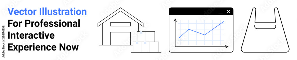 Warehouse outline with stacked boxes, analytics on screen with growth chart, and shopping bag. Ideal for logistics, inventory management, eCommerce, business growth, market analysis, retail planning Warehouse outline with stacked boxes, analytics on screen with growth chart, and shopping bag. Ideal for logistics, inventory management, eCommerce, business growth, market analysis, retail planning