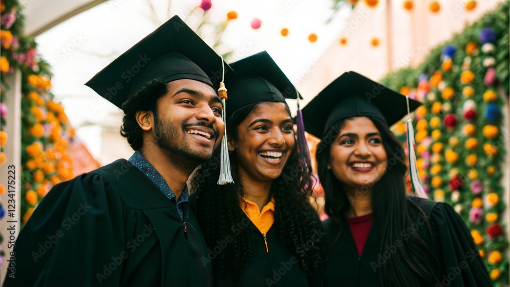 Obraz premium Graduation Day India – Indian students in graduation gowns, celebrating their academic achievements with friends and family.