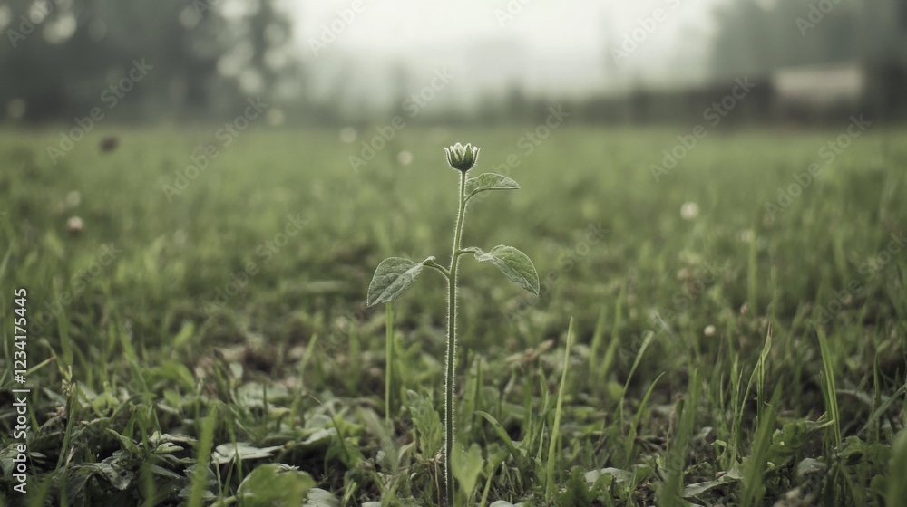 Single flower sprout in misty green field. Single flower sprout in misty green field.