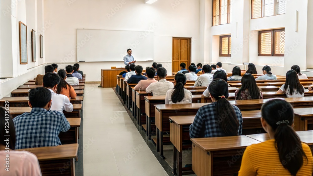 Obraz premium Indian College Classroom – A typical Indian college lecture setting with students taking notes and engaging with the professor.