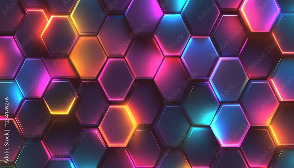 Seamless geometric pattern with hexagons and neon gradients, futuristic and modern aesthetics Seamless geometric pattern with hexagons and neon gradients, futuristic and modern aesthetics