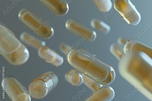 Numerous translucent, amber hued pharmaceutical capsules float against a neutral gray backdrop, suggesting scientific research and development photo