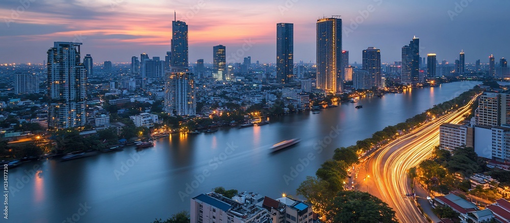 Fototapeta premium Cityscape twilight river highway
