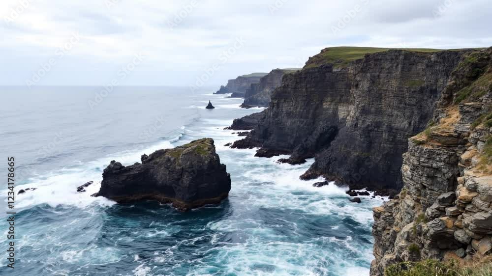 Dramatic coastal cliffs, ocean waves crashing, scenic overlook, grey sky Dramatic coastal cliffs, ocean waves crashing, scenic overlook, grey sky