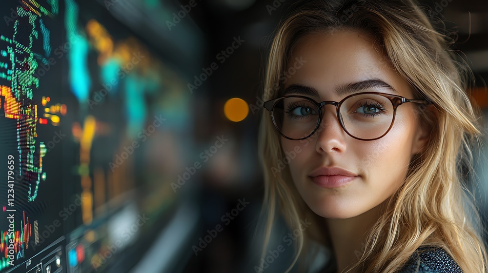 Young Woman Wearing Glasses Looks at Data Screen Young Woman Wearing Glasses Looks at Data Screen