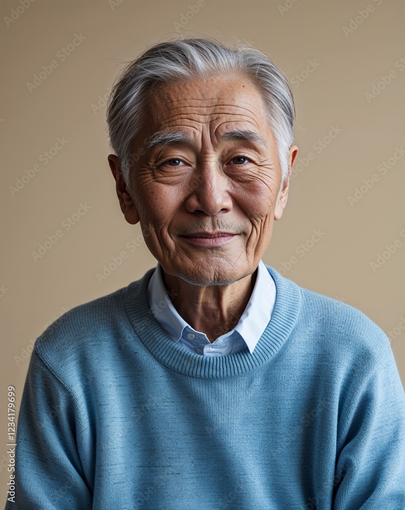 Elderly Asian man kind short gray hair light blue sweater on beige background Elderly Asian man kind short gray hair light blue sweater on beige background