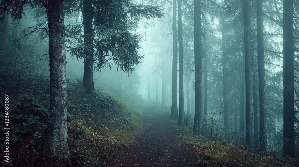 Fototapeta premium Mysterious foggy forest trail winding through lush greenery, creating a serene and mystical atmosphere, perfect for introspection and exploration.