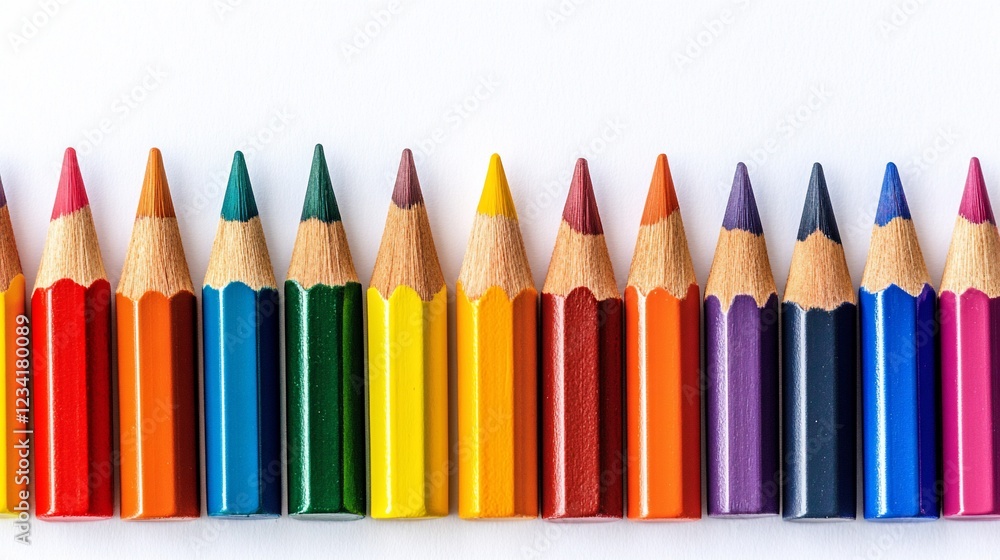 Colorful pencils lined on white background, close-up shot, for education Colorful pencils lined on white background, close-up shot, for education