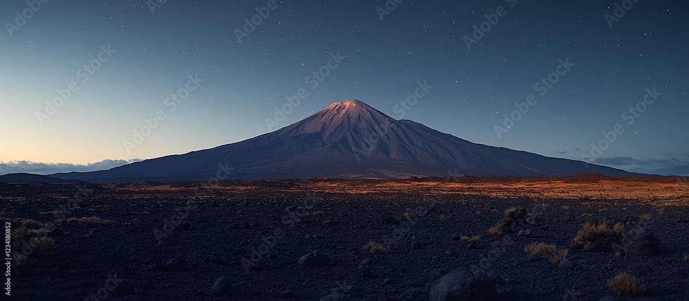 Fototapeta premium Volcanic landscape sunset, desert plain, starry night sky, travel poster