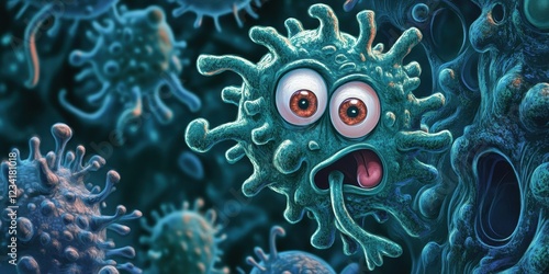 A whimsical cartoon virus with large eyes and a long tongue photo