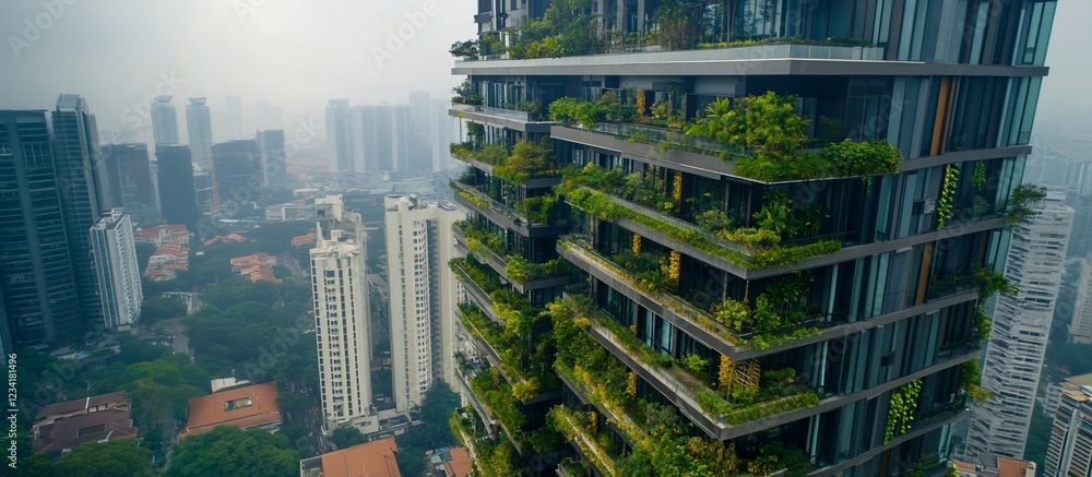 Obraz premium Green skyscraper, city view, hazy day, sustainable design, urban landscape