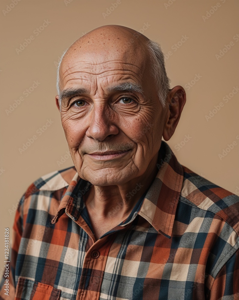 Obraz premium Elderly Latin man warm bald head checkered shirt on beige background