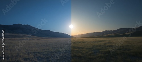 Sunrise over plains, mountains backdrop, before & after photo