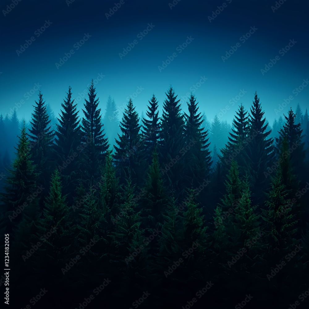 Fototapeta premium Dark Blue Night Forest with Tall Green Trees