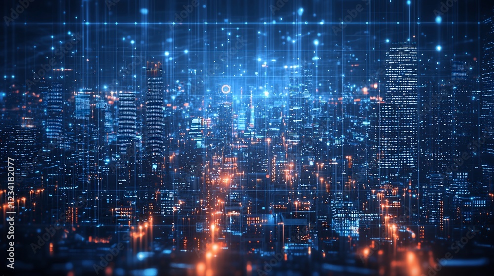 Fototapeta premium Illuminated Cityscape Showing Digital Network Connections