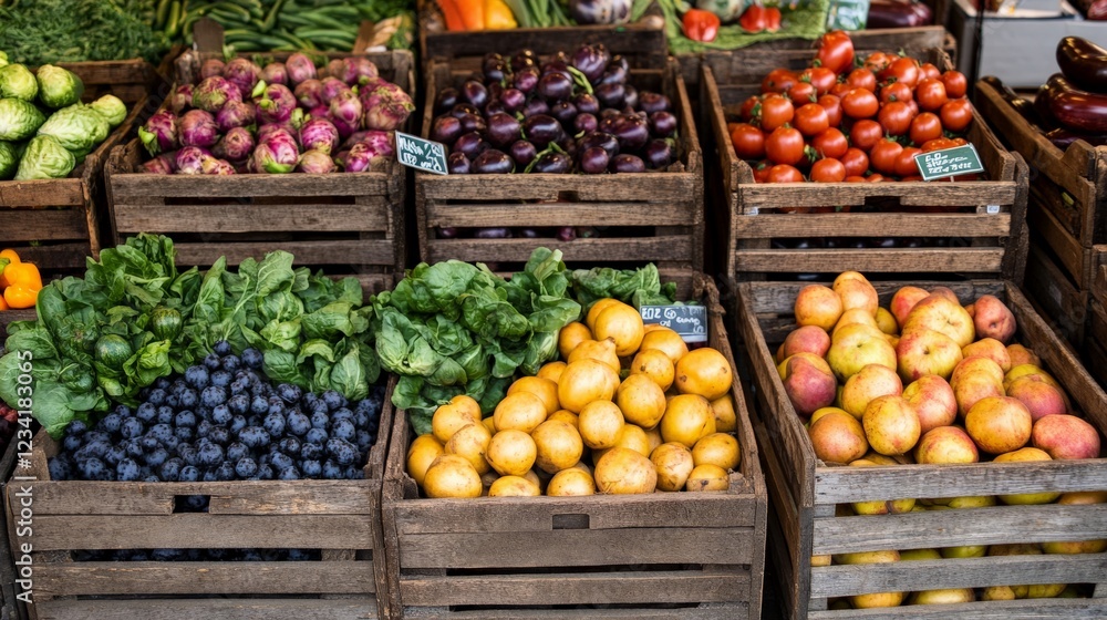 Obraz premium A farmer's market with organic produce displayed in wooden crates