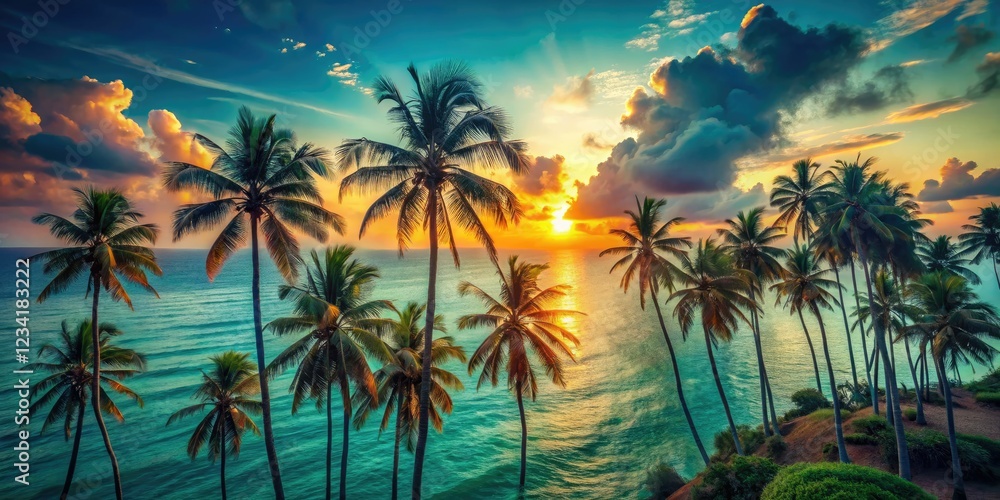 Fototapeta premium Escape to paradise: sunset bokeh, swaying palms, pristine beach, turquoise ocean, blissful vacation.
