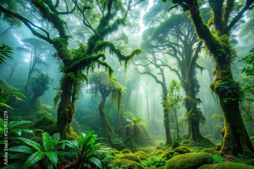 Ethereal fog veils a lush Amazonian rainforest, creating stunning landscape photography.