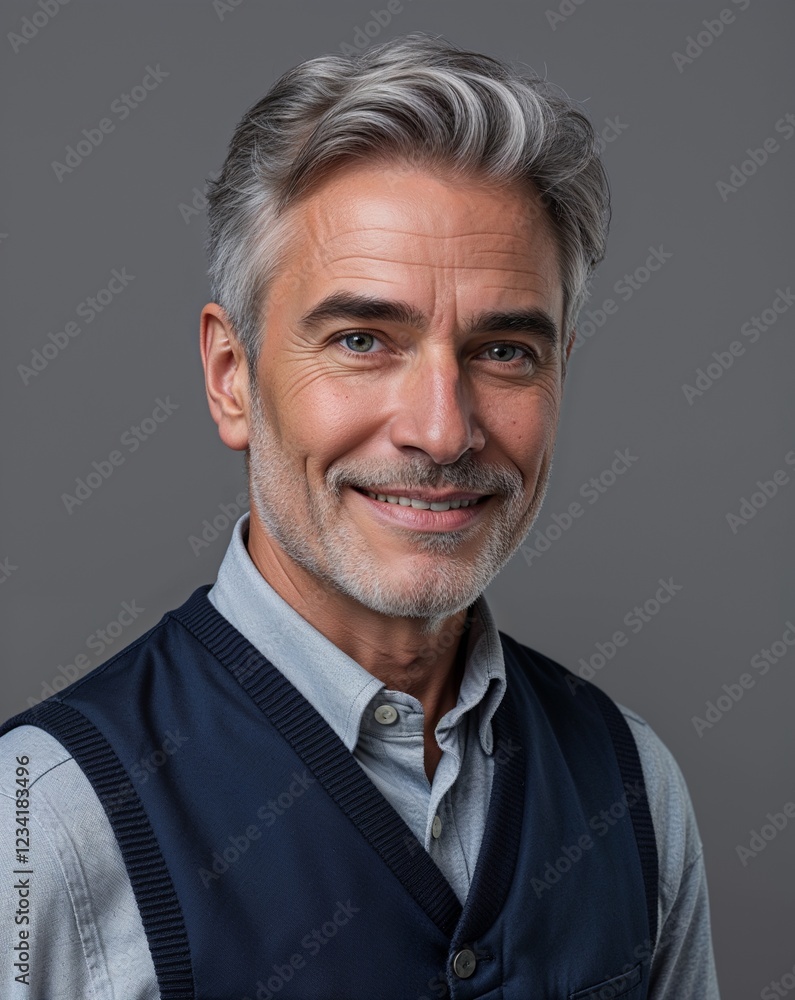 Mature Caucasian man friendly short gray hair navy vest on gray background Mature Caucasian man friendly short gray hair navy vest on gray background