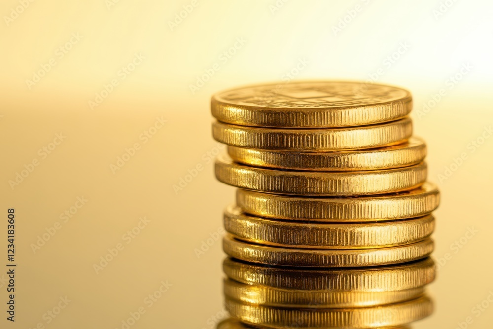 stacked golden coins on reflective surface, highlighted stacked golden coins on reflective surface, highlighted
