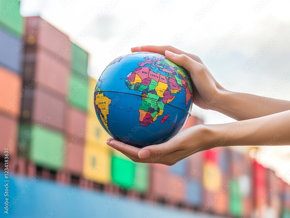 Two hands cradle a vibrant globe, symbolizing worldwide connections and the vital operations of a forwarding agency amidst colorful shipping containers in a bustling port. Generative AI Two hands cradle a vibrant globe, symbolizing worldwide connections and the vital operations of a forwarding agency amidst colorful shipping containers in a bustling port. Generative AI