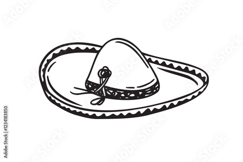 Hand drawn Mariachi hat illustration. Doodle mariachi hat. Sketch of mariachi hat isolated on white background. Sketch of sombrero. Vector illustration.