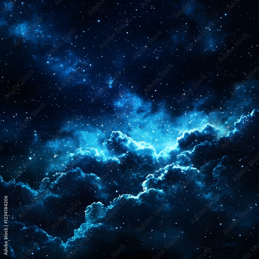Fototapeta premium Dark Blue Night Sky with Glowing Clouds and Stars